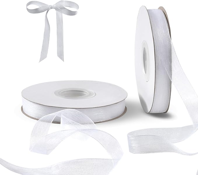 White Organza Ribbon for Gift Wrapping, FAKILO 1/2 Inch Sheer Wrapping Ribbon for Bouquet, Wedding, Christmas Gift - 50 Yards Each Roll