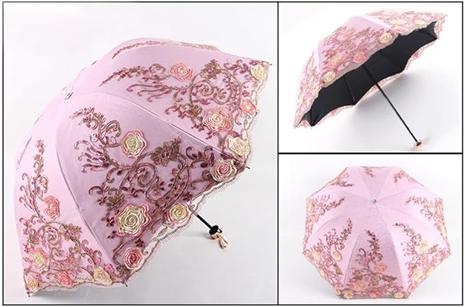 Katutude Vintage Lace Umbrella Floral Lace Parasol Wedding Bridal Umbrella Compact Lightweight Windproof Folding Umbrella UV Protection Sun Umbrella Portable Umbrella with Storage Bag