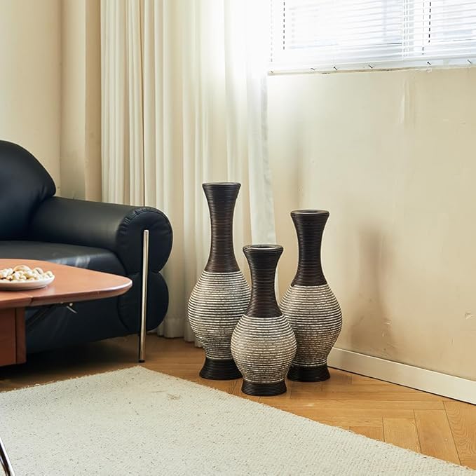Floor PVC Decorated Vases Set of 3 for Gorgeous Home Decoration Large Classic PVC Vases 20in/24in/28in Height(Brown+White)