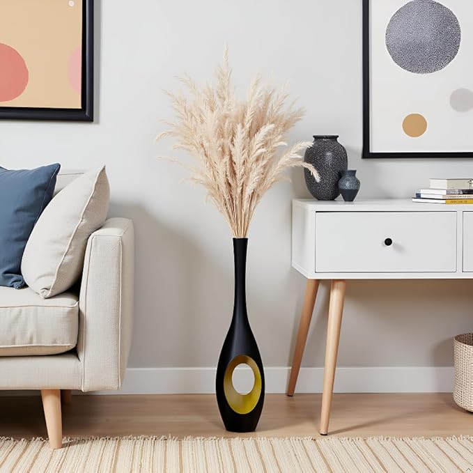 23.6 in Black Floor Vase – Modern Oval Tall Floor Vase with Gold Cutouts & Slim Neck, Decorative Vases for Luxury Home, Office, Wedding Decor – Resin Tall Vases