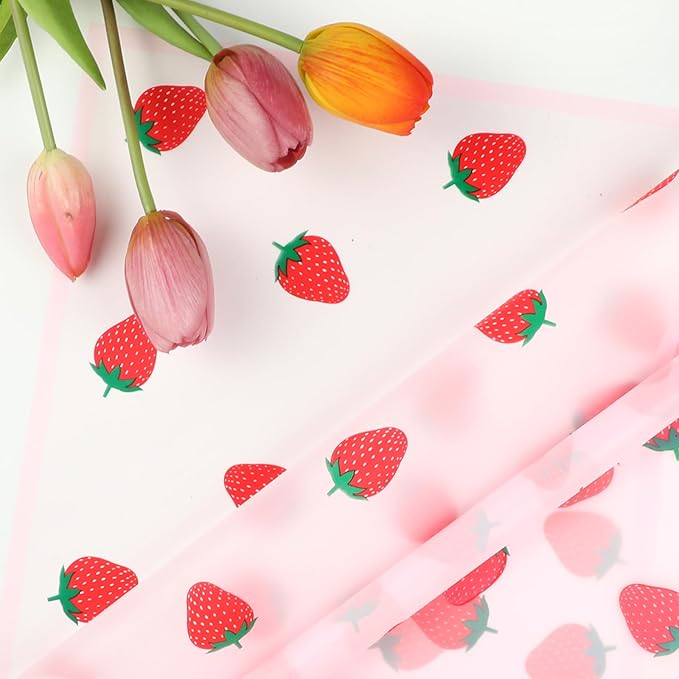 Liobelon 20 Sheets Flower Wrapping Paper Waterproof Bouquet Paper with Strawberry Pattern Pink Gift Wrapping Paper for Flower Shop, Wedding, Birthday Party, Handmade DIY, Anniversary 22.8 x 22.8Inch
