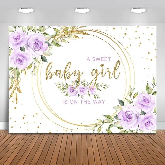 Mocsicka Floral Sweet Baby Girl Backdrop It's a Girl Baby Shower Background Watercolor Lavender Purple Floral Baby Shower Party Cake Table Decoration Photo Booth Props (7x5ft)