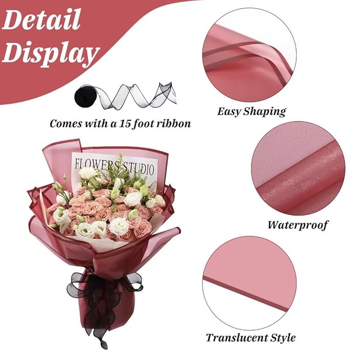 Rumvan Flower Wrapping Paper, 20 Sheets, Waterproof, Floral Bouquet Design, for Wedding, Birthday Gift, DIY Florist Supplies (Red Wine Colour)