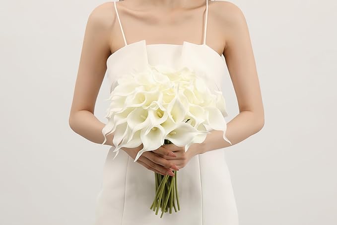 SITUMEIZI 24 PCS White Fake Flowers Artificial Calla Lily Silk Flowers Real Touch for Mother's Day Easter Home Kitchen Decor Wedding Bouquet Office Spring Decoration(Pure White)