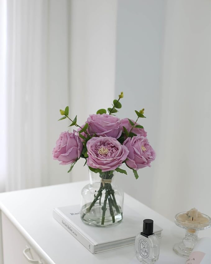 Artificial Flowers with Pinkish-Purple Peonies in Vase, Fix Lifelike Fake Flowers in a Vase with Artificial Water, Faux Flower Arrangements for Dining Table Centerpiece Decor