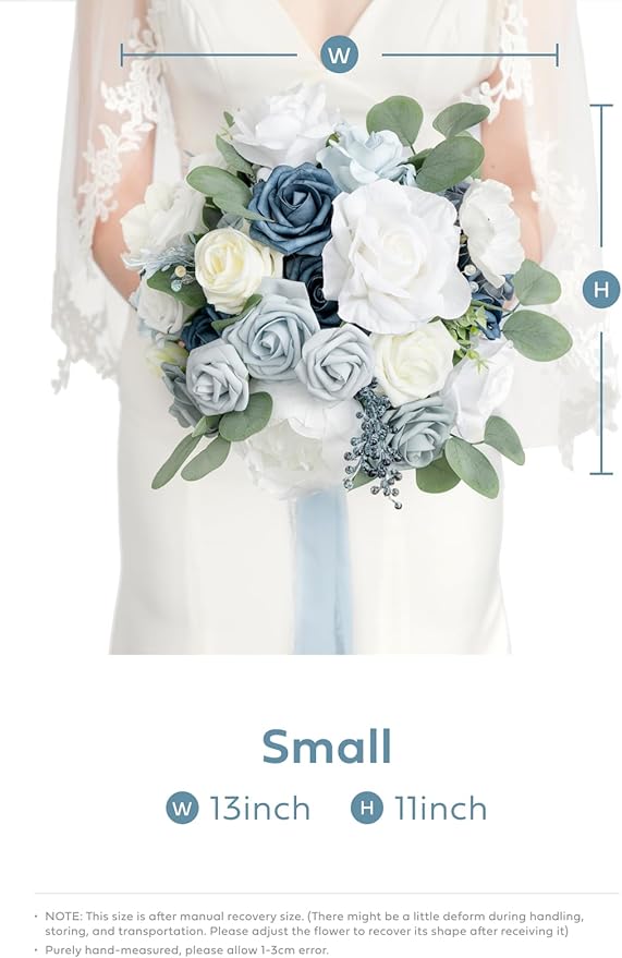Ling's moment Dusty Blue Bridal Bouquet for Bride, Blue Wedding Bouquets for Bride, 13 Inch Silk Round Artificial Wedding Flowers Bouquets