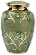 Green Garden Brass Large Cremation Urn | Unique Brass Funeral Urn with Gold & Green Enamel Details | Large