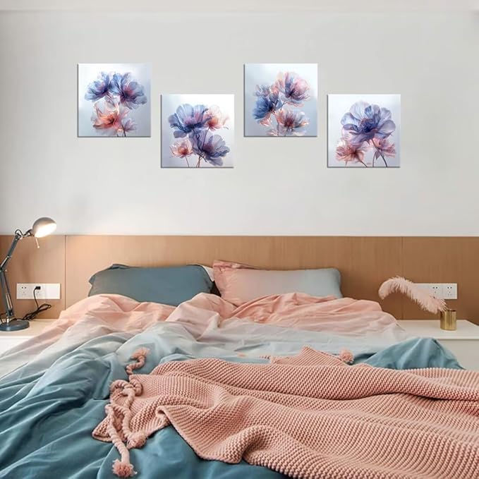 Pankila Canvas Flowers Wall Art Blooming Flowers Pictures Prints Blue Pink Flower Wall Decor for Living Room Bedroom Bathroom Home Decorations Painting Framed Artwork (12''W x 12''H x 4)