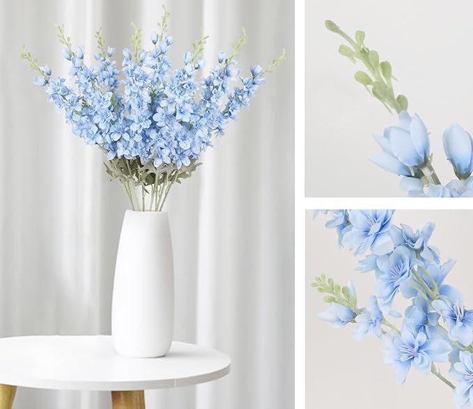 8PCS Blue Delphinium Artificial Flowers Larkspur Fake Flowers 33.5in Long Stem Faux Silk Flowers Bulk for Tall Vase for Home Wedding Floral Arrangement Centerpiece Table Decorations (Baby Blue)