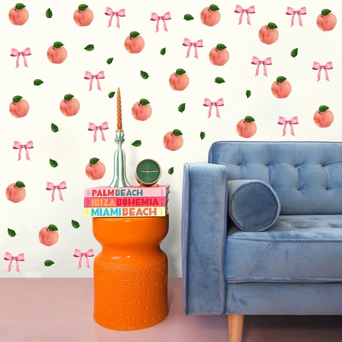 Watercolor Peach Wall Stickers, Peach with Pink Bow Vinyl Wall Decals, Removable Summer Fruit Wall Art for Girls Bedroom Kitchen Toddler Room Decor