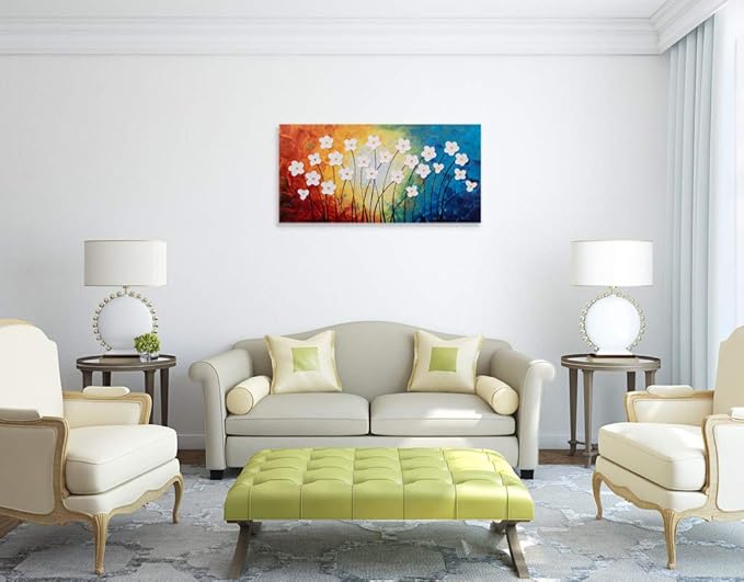 Yihui Arts Hand Painted Textured Flower Oil Painting on Canvas - Colorful Abstract White Floral Artwork for Home Decor, Modern Wall Art for Living Room, Bedroom, Office