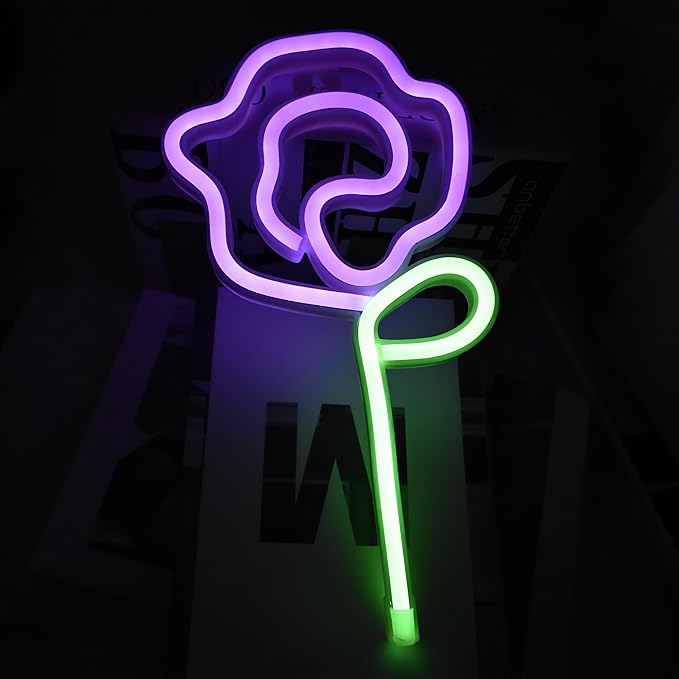 Neon Purple Rose Sign - purple rose Flower with Green Stem Neon Light USB or 3-AA Battery Powered for Girls Room Birthday Party Wedding Lighted Flower Wall Decor (Purple)