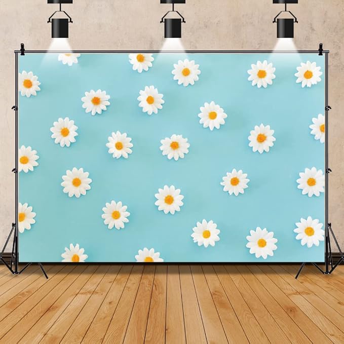 Daisy Flower Backdrop for Photography White Floral Blue Photo Background Baby Shower Birthday Party Decorations Cake Table Banner Girls Children Portrait Photoshoot Studio Props 9x6ft Vinyl