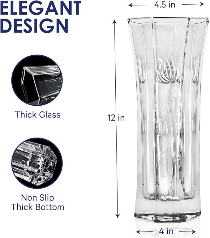 CS Crystal Vase 12-inch high, Tulip Design, for Flowers & Decor. Lovely Nice Shiny Piece. Perfect as a Gift, Suitable for All Occasions.