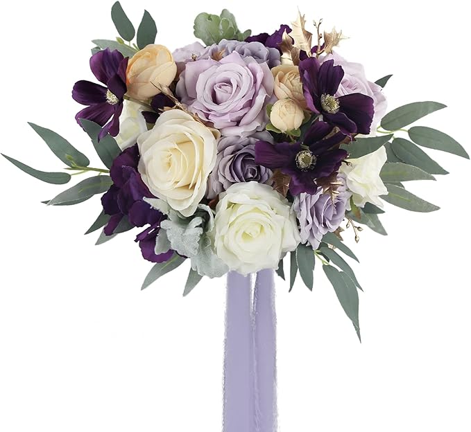 Rinlong Wedding Bouquet for Bride 11" Violet Purple Bridal Bouquets Artificial Flowers Purple Silk Wedding Proposal Bouquet