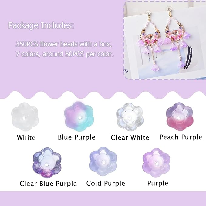 LadayPoa 350pcs Glass Bellflower Beads for Jewelry Making Trumpet Flower Beads Gradient Clear Cute Bead for Bracelets Making Aesthetic Bead Charms for DIY Necklace Decoration-Purple Series