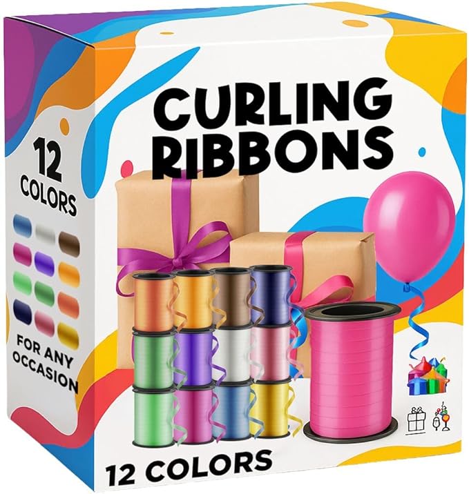 Playbees Curling Ribbon -12-Pack - 60 Foot Rolls - 240 Yards Balloon String Total - Assorted Colors Ribbon for Crafts, Gift Wrapping, Christmas Decorations, String Balloons, Tie Hair & DIY Projects