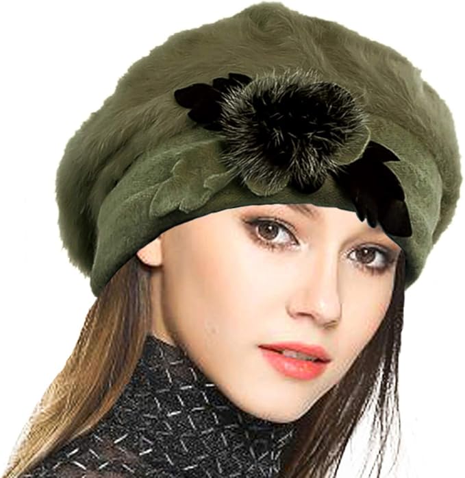 VECRY Lady French Beret 100% Wool Beret Floral Dress Beanie Winter Hat