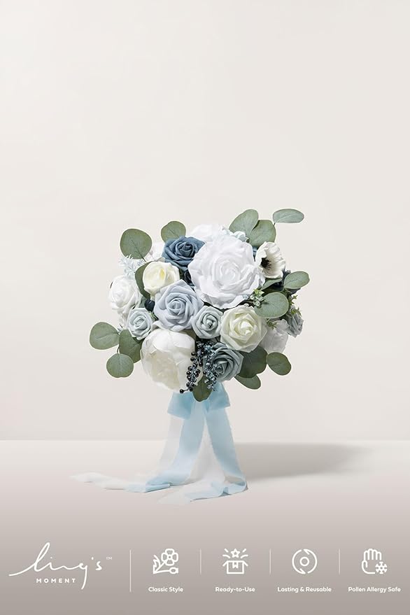 Ling's moment Wedding Artificial Flowers Package, Bridal Bouquet, Bridesmaid Bouquets, Boutonniere for Men, Rose Petals.Blue
