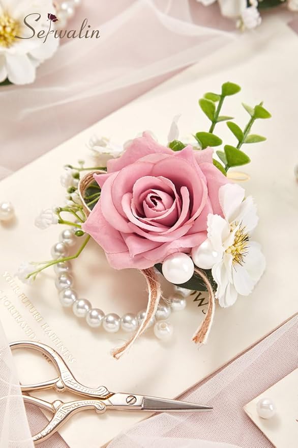 Serwalin 6 PCS Pink Rose Wrist Corsages for Wedding, Corsages for Prom Homecoming Party Corsage Hand Decor for Bride Bridesmaids, Mother of Bride and Groom