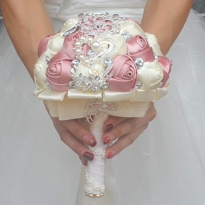 Wedding Bouquet Wedding Bouquets for Bride and Bridesmaid Artificial Silk Rose Bouquet for Wedding Occasion 7 inch Diameter, 9.8 inches Length 1pcs (Ivory+Pink)