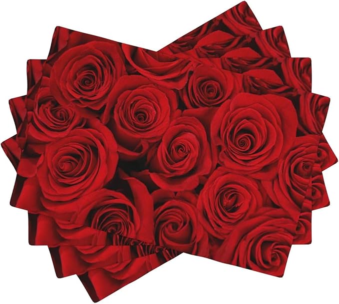 Red Rose Linen Table Placemats Set of 4 Beautiful Red Rose Placemats Home Party Kitchen Indoor Holiday Rustic Washable Heat Resistant Table Mats 12 x 18 Inch