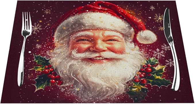 PVC Placemats Set of 4 Wipeable Table Mats Washable Heat Resistant Non Slip Vinyl Dining Table Mat for Kitchen Indoor Outdoor Patio Farmhouse Place Mats Santa Claus Red Xmas Decorative