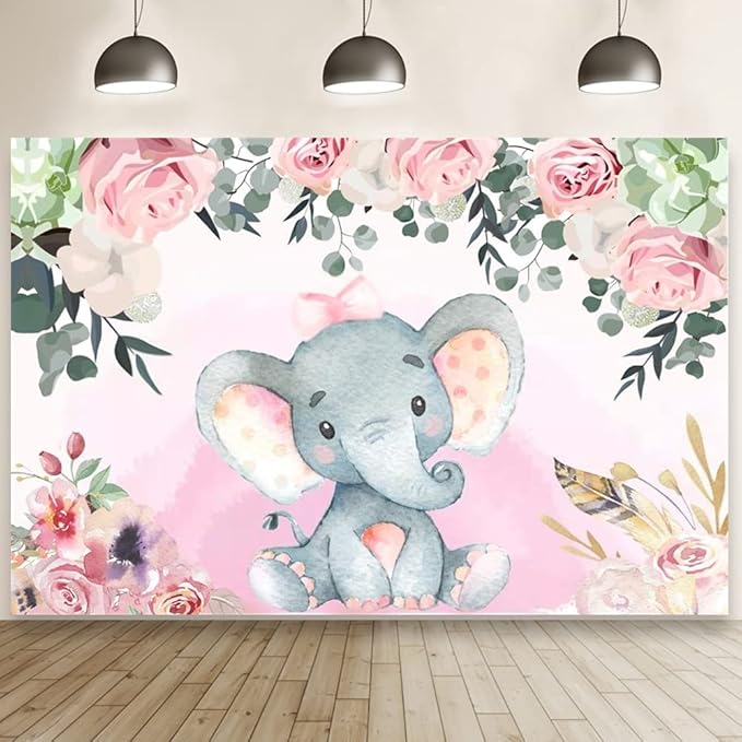 AOFOTO 12x8ft Pink Flowers Elephant Baby Shower Backdrop for Girl Sweet Floral Gender Reveal Background for Photography Kids Infant Birthday Party Banner Cake Table Decoration Photo Studio Props Vinyl