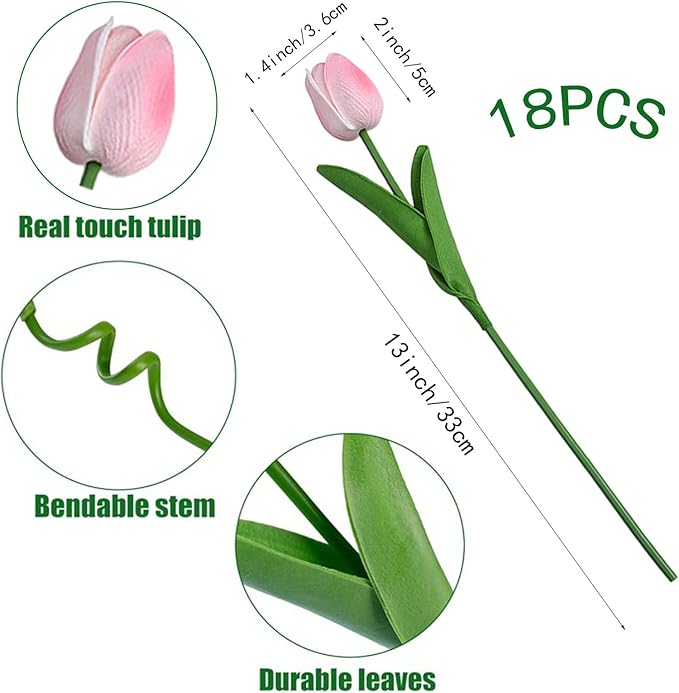 18pcs Artificial Tulips 13" PU Artificial Flowers for Family Friends Gifts DIY Flower Arrangement Home Kitchen Office Party Wedding Dining Table Decoration, Light Pink