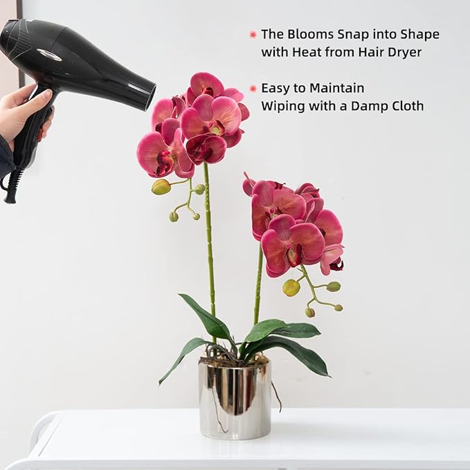 Artificial Orchid Flowers Fuchsia Faux Orchids with Ceramic Vase Vivid Fake Phalaenopsis Flower Arrangement Gorgeous Artificial Plants for Office Desk Wedding Party Exhibition Center&Home Table Decor