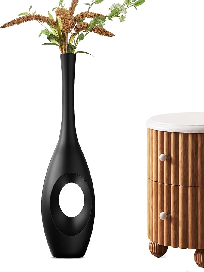 23.6" Black Floor Vase – Donut-Shaped Oval Body with Slim 3cm Neck, Modern Tall Decorative Vases for Living Room, Entryway, Office Decor – Resin Tall Floor Vase