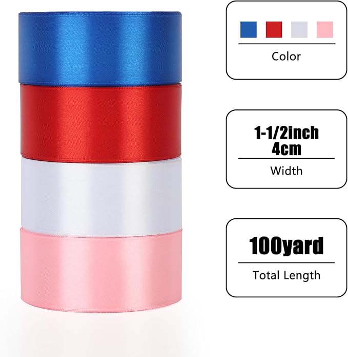 NESCCI 100 Yards Ribbon,1-1/2 Inch Satin Ribbon,Single Face Satin Ribbons,Perfect for Gift Wrapping,Wedding Decoration,Handmade Bows,Wrapping Bouquet and More