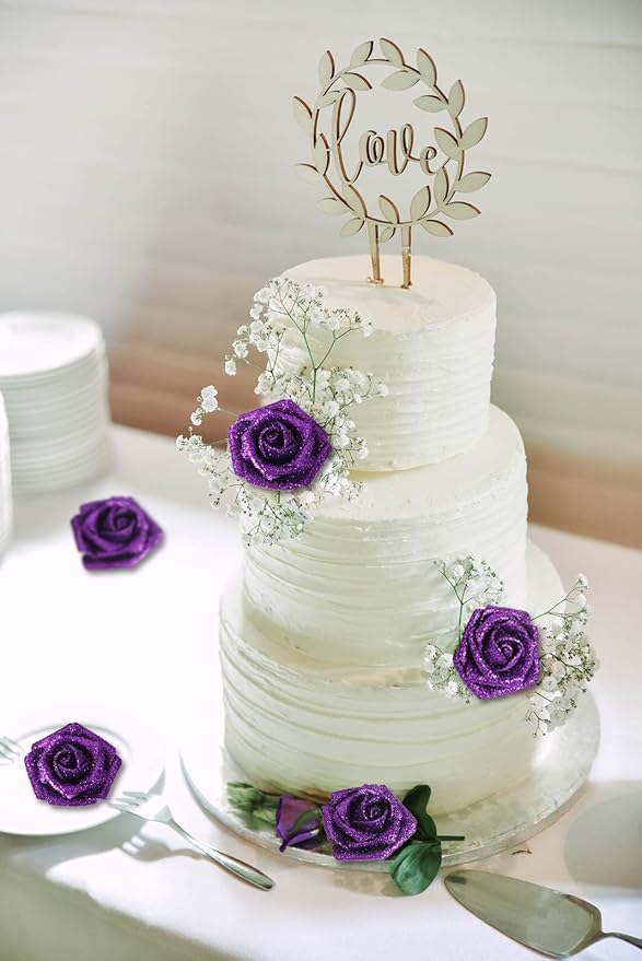 IPOPU Glitter Roses, 25pcs Foam Glitter Roses Glitter Flowers Foam Rose with Stem for DIY Wedding Bridal Bouquet Home Party Decoration(Purple)