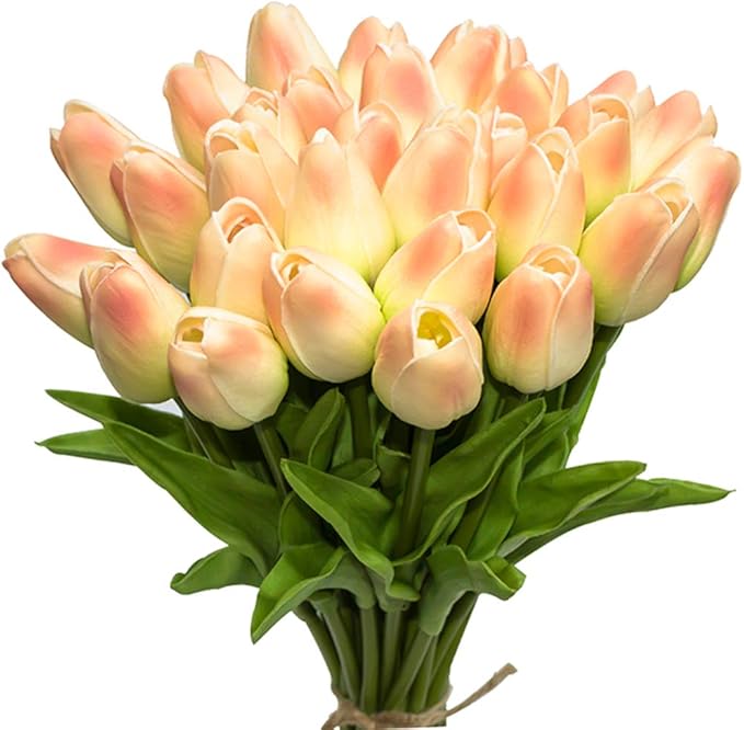 30pcs Artificial Tulips Flowers Real Touch Champagne Tulips Fake Holland PU Tulip Bouquet Latex Flowers for Wedding Party Office Home Kitchen Decoration (Champagne)