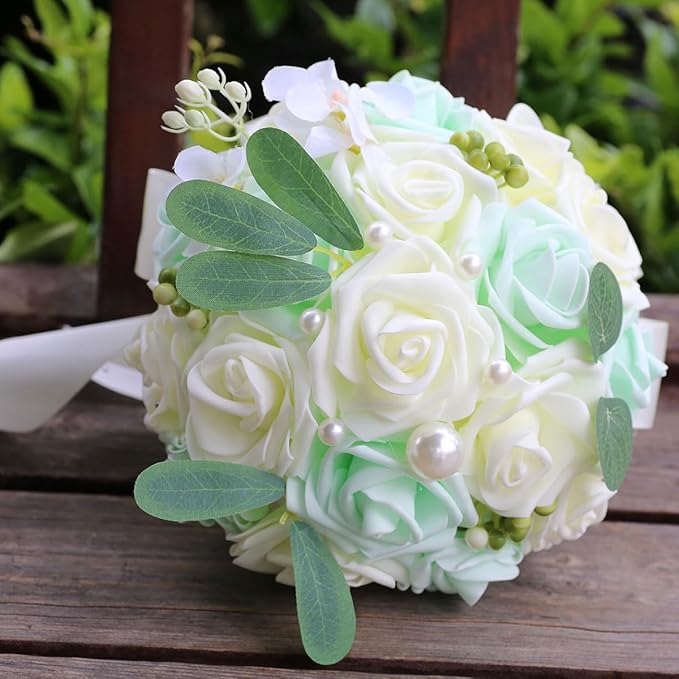 Lightweight Bridal Wedding Bouquet Round Holding Bouquet Throw Toss Artificial Rose Flower Bunch for Bride Bridesmaid Wedding Quinceanera (Cream & Light Cyan, 9.1")