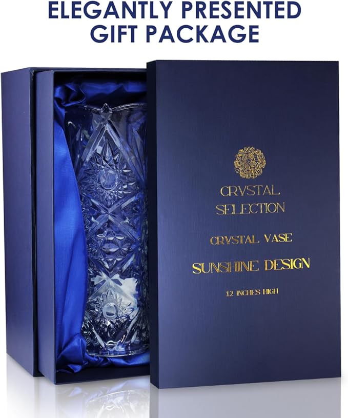 CS Crystal Vase 12-inch high, Sunshine Design, for Flowers & Decor. Lovely Nice Shiny Piece. Perfect as a Gift, Suitable for All Occasions.