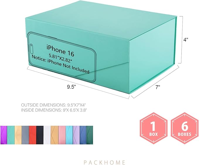 PACKHOME Gift Box 9x6.5x3.8 Inches, Rectangle Collapsible Box with Magnetic Lid for Gift Packaging (Matte Turquoise, Grain Texture)