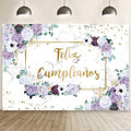 MEHOFOND 10x7ft Feliz cumpleaños Backdrop Purple and White Flower Birthday Photography Background Girl Geometric Gold Glitter Dots Birthday Floral Party Decorations Cake Smash Decor Studio Photo Props