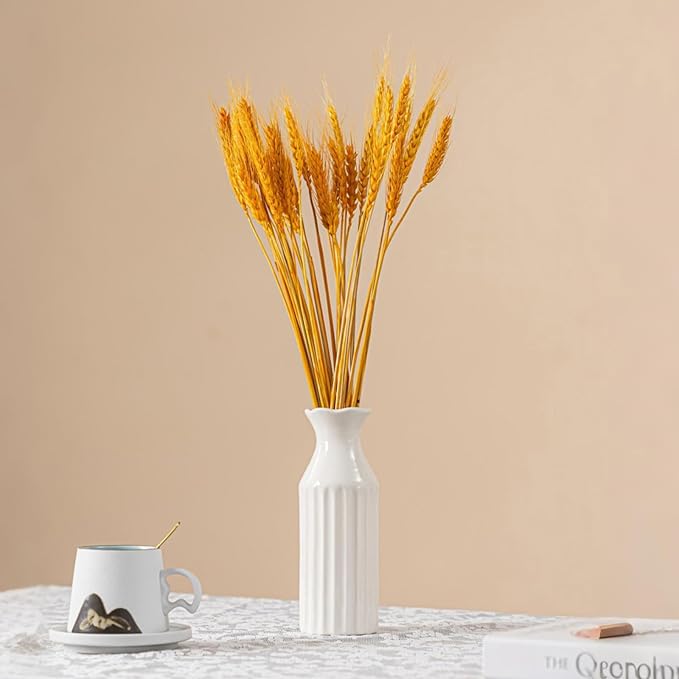 White Ceramic Vase - 8.3" Unique Flower Vase with Vertical Ribbed Texture, Decorative Boho/Farmhouse Vase for Living Room, Office Desk & Housewarming Gift (for Her/Yourself)