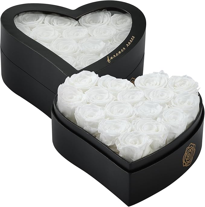 16 Forever Flowers in Heart Shaped Box - Preserved Roses Romantic Gifts for Her, Valentine’s Day, Anniversary, Wedding (White)