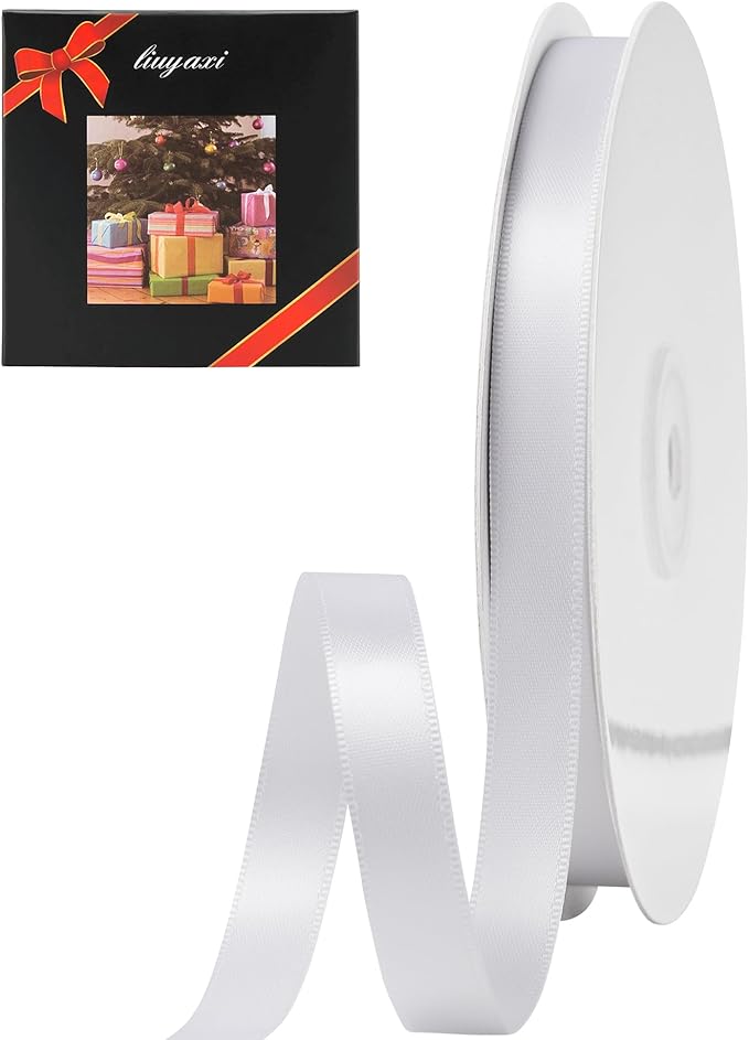 LIUYAXI White Stain Ribbon, 5/8" X Continuous 50 Yards, Double Faced Fabric Ribbon Perfect for Gift Wrapping Wedding Birthday Party Christmas Hair Floral Craft Baby Shower