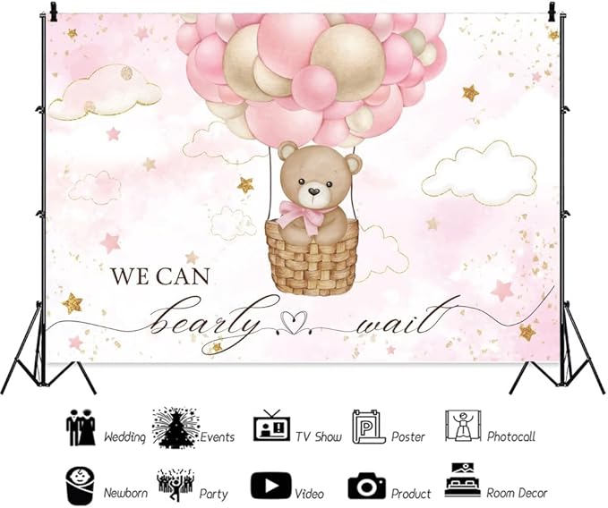 ChloropLastid We Can Bearly Wait Baby Backdrop Girl Bear Hot Air Balloon Baby Shower Photography Background Pink Balloons Clouds Stars Baby Party Cake Photo Decoration 10x8ft
