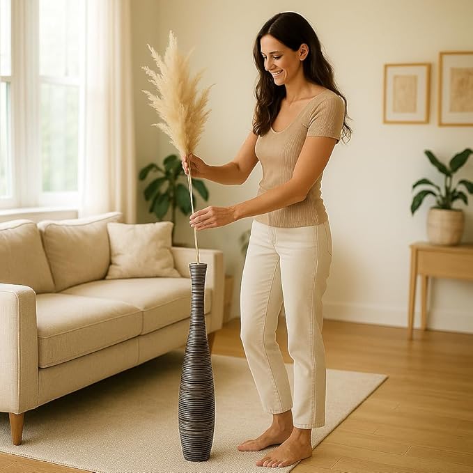 Leewadee Large Brown Home Decor Floor Vase - Wooden 26 inch Tall Farmhouse Decor Flower Holder for Fake Plant and Pampas Grass
