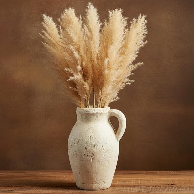 Rustic Clay Vase for Home Decor – 8.35" Tall Pottery Flower Vase, Water-Holding Vintage Jug with Handle, Farmhouse Style Vase for Shelf, Table, or Mantel Decoration