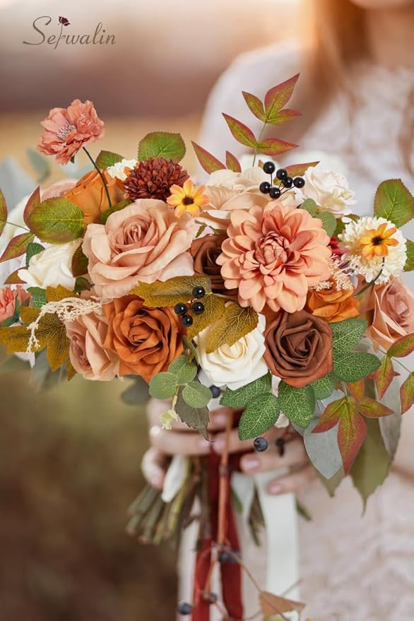 Serwalin Orange Fall Flowers for Decoration, Artificial Flower Centerpieces Decor Autumn Floral Arrangements, Fake Flower Boho Decor DIY Terracotta Flowers