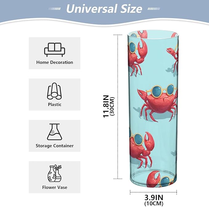 Flower Vase Clear Plastic Cylinder Vases Decor for Centerpieces Home Storage Office Weddings Red Sunglasses Crabs 11.8 x 3.9 in