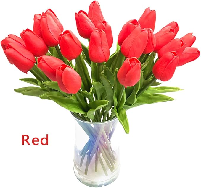 30pcs Artificial Tulips Flowers Real Touch Multicolored Tulips Fake Holland PU Tulip Bouquet Latex Flowers for Wedding Party Office Home Kitchen Decoration (White Red Yellow)