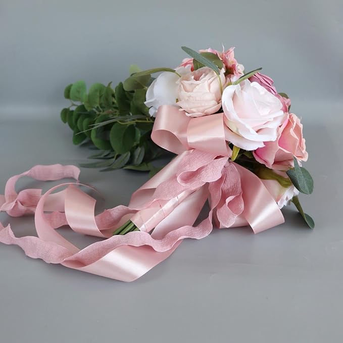 Wedding Bouquet for Bride, Bean Paste Pink Waterfall Bridal Bouquet for Bride Artificial Roses Flowers Cascading Bouquet for Wedding Ceremony Anniversary Party Bridal Shower Decoration