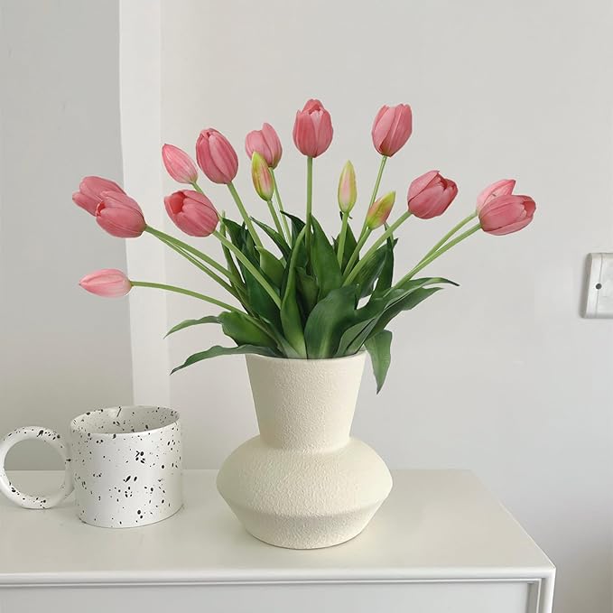 15 Pcs Light Purple Artificial Flowers Tulips Real Touch Latex Plastic Soft Faux Bouquets for Party, Wedding, Home, Room, Garden Decor