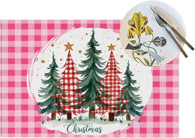 PVC Placemats Set of 4 Wipeable Table Mats Washable Heat Resistant Non Slip Vinyl Dining Table Mat for Kitchen Indoor Outdoor Patio Farmhouse Place Mats Pink Grid Christmas Tree Decorative